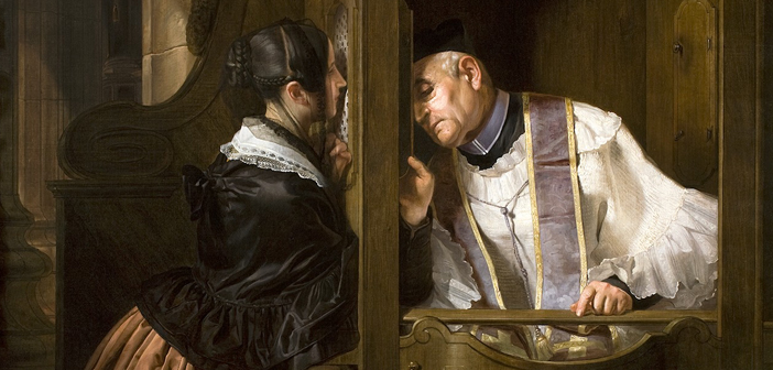Painting of Old priest listening to woman's confession