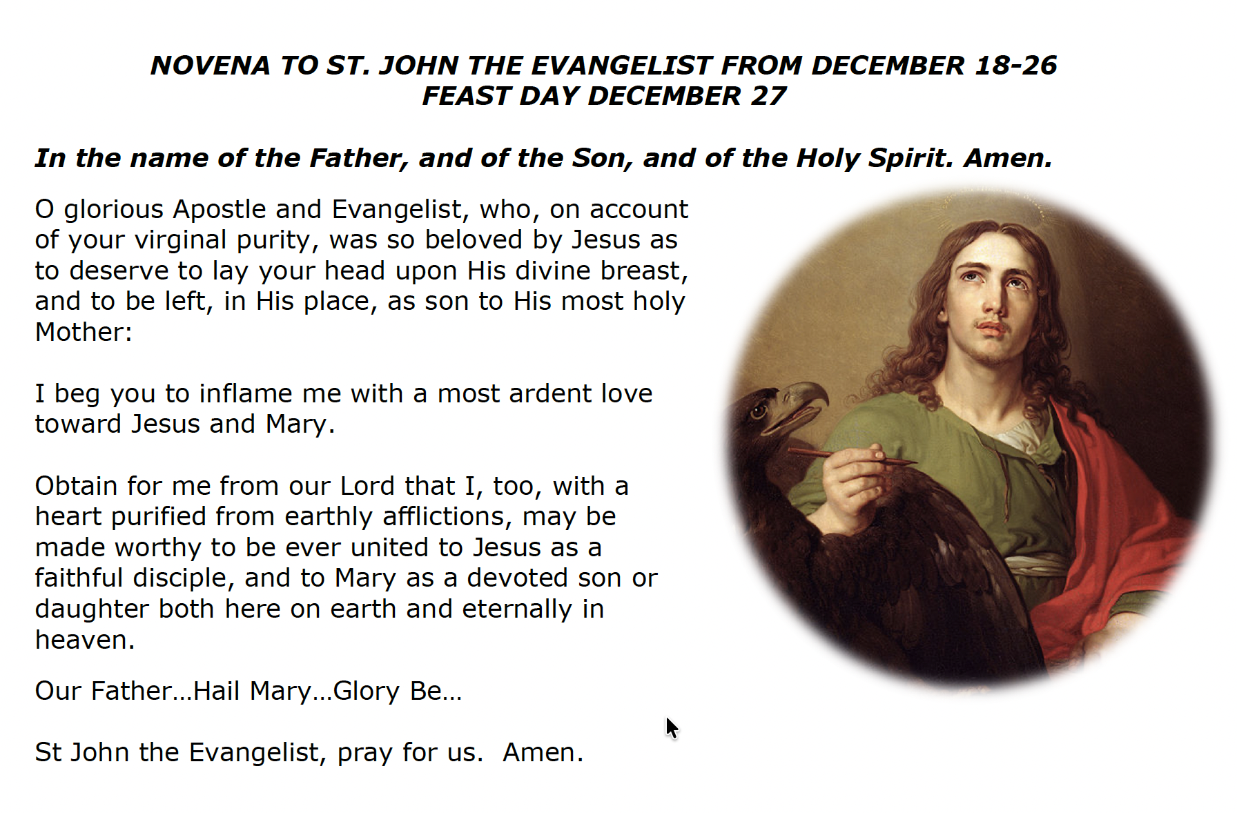 Painting of a saint and an eagle with text