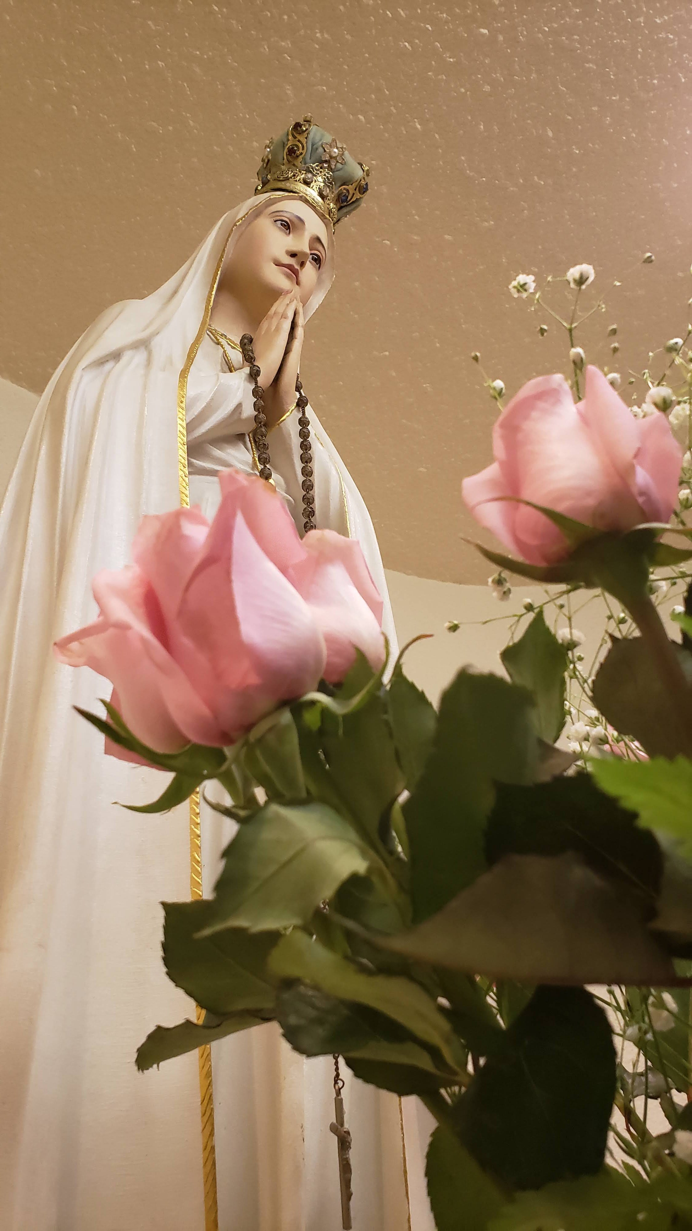 Side view of Our Lady of Fatima with pink roses