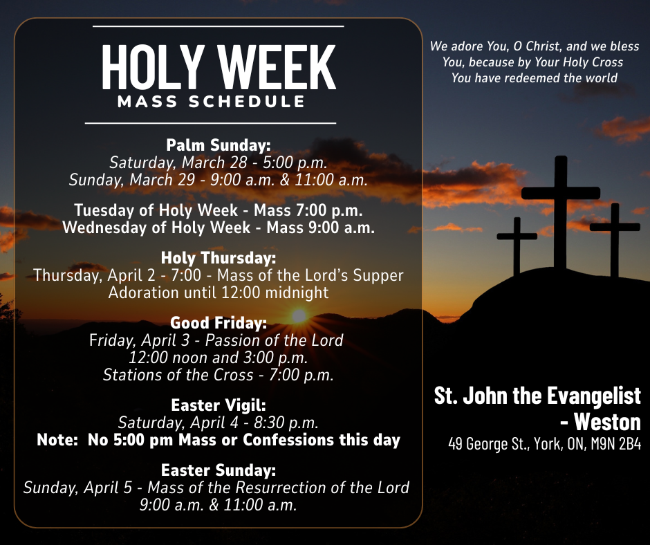 a square with three crosses in the back ground and the schedule for holy week