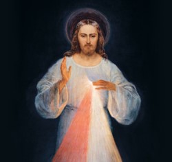 Divine Mercy Painting, Jesus with blue ray and red ray coming from His heart