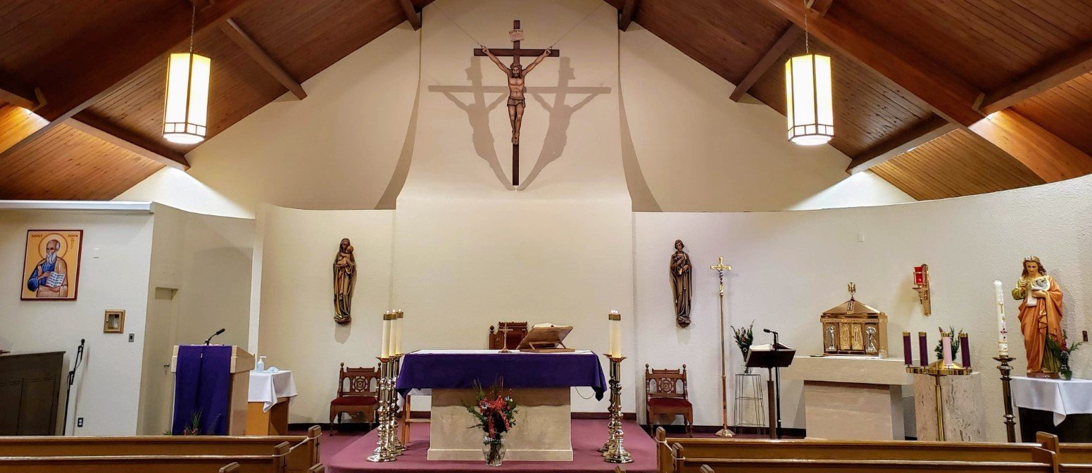 front view of church with purple linens