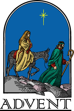 Coloured drawing of Mary and Joseph travelling on the donkey