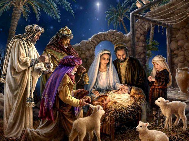 a painted depiction of Mary looking down at Jesus in the Manger with Joseph and the three Magi looking intently at Him