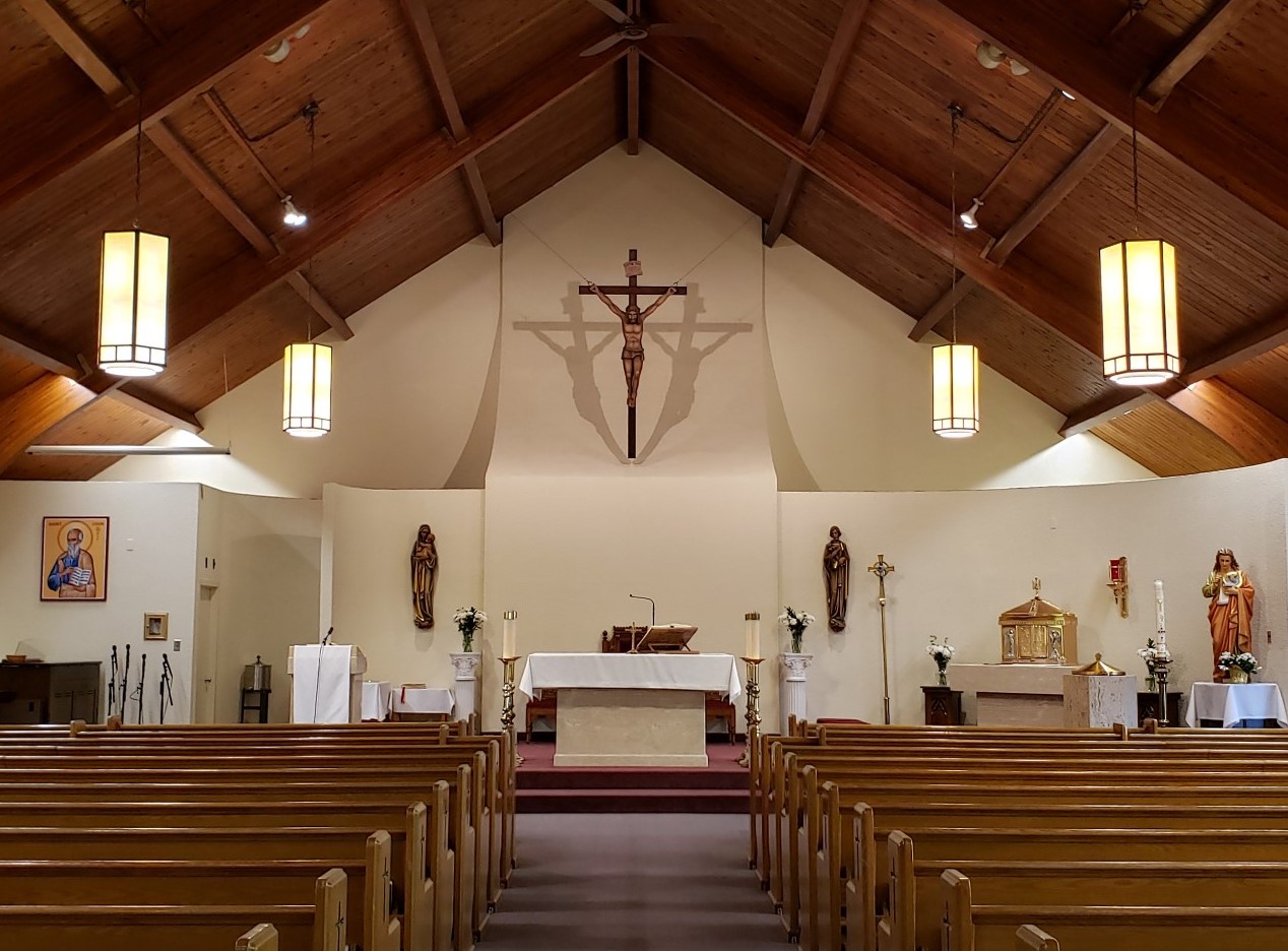An inside view of the Sanctuary of St. John the Evangelist Parish, Weston.  Square view from the St. John the Evangelist Icon to the St. John the Evangelist Statue.
