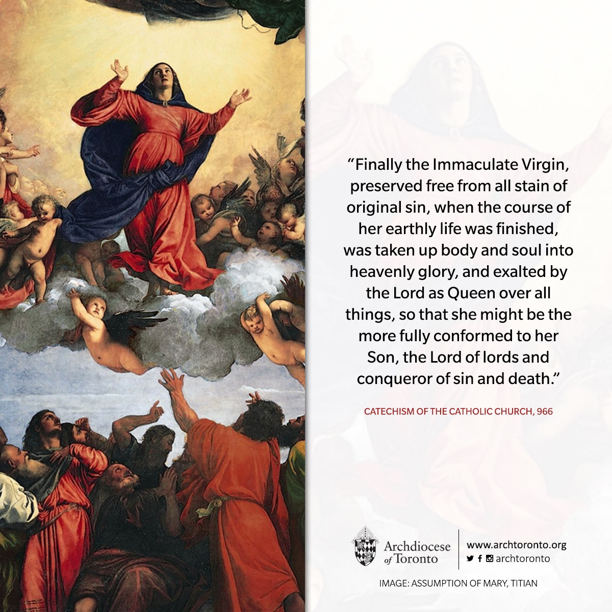A info graphic showing a painting of Mary being assumed into heaven, with information from Catechism