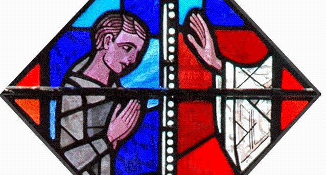 Stained Glass image of penitent being blessed by Priest