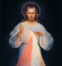 Image of Divine Mercy, Jesus with red and blue rays coming from heart.
