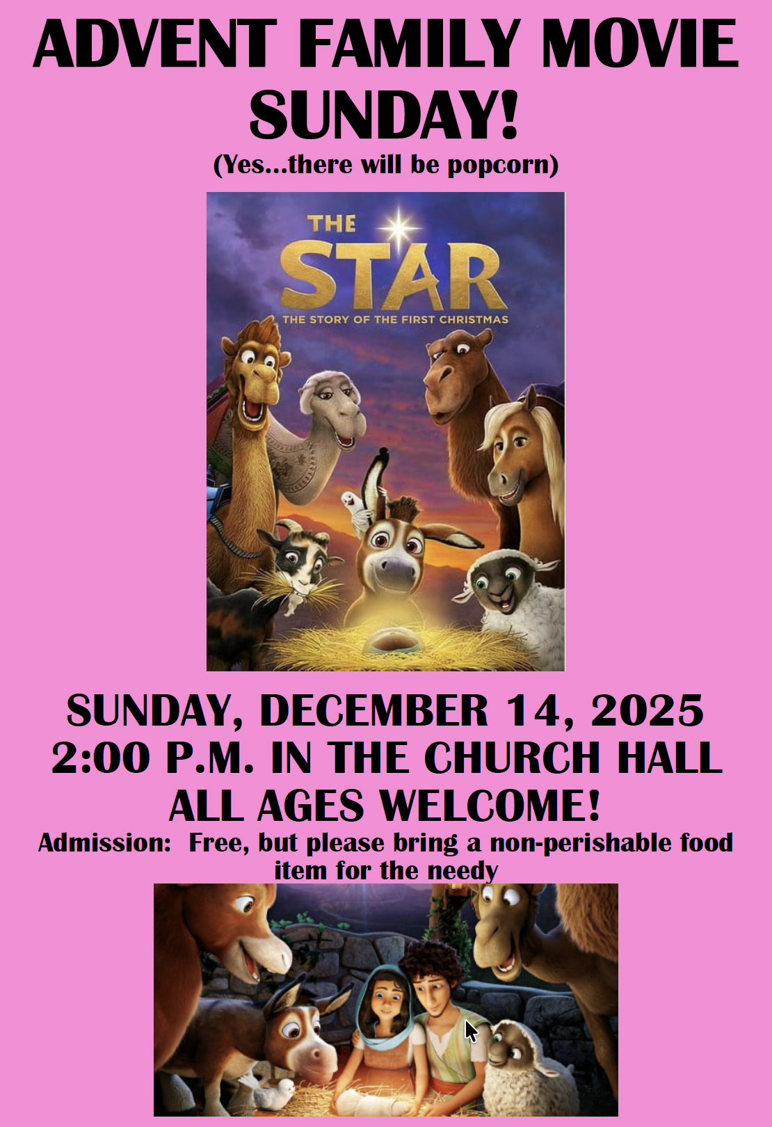 farm animals smiling at the baby Jesus in a manger