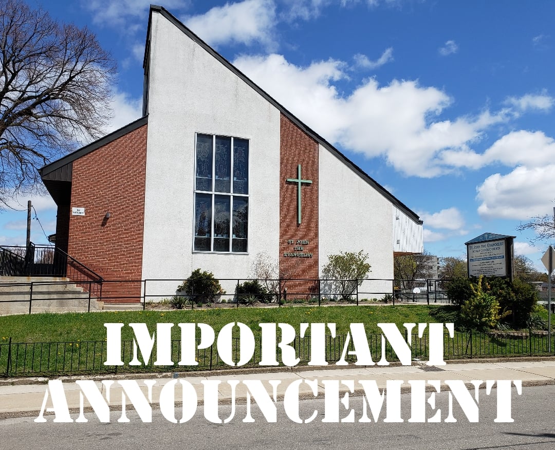 picture of a asymmetrical Church with white front and brick,  Important announcement written in capital letters below