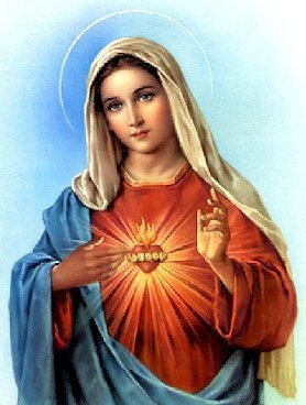 Painting of the Immaculate Heart of Mary with her heart aflame, blue background
