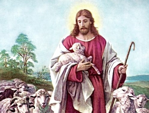 Jesus as a Shepherd Holding sheep