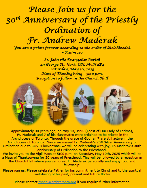 Yellow poster with different pictures of Fr. Maderak