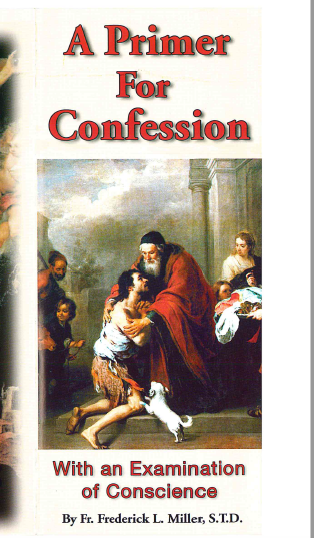 the cover of a confession pamphlet, person kneeling asking for mercy